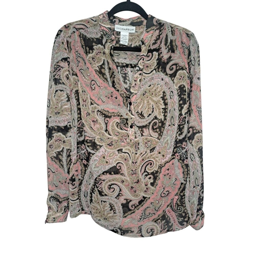 Sag Harbor Paisley 3/4 Button Tunic Women's Multicolor Blouse Size Small Sheer